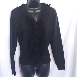 Elio Ruffled Frint Black cotton blend Button Cardigan, Long Sleeves